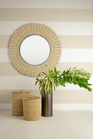 Beige Jute & Cotton Thread Round Wall Mirror by The MJS Living