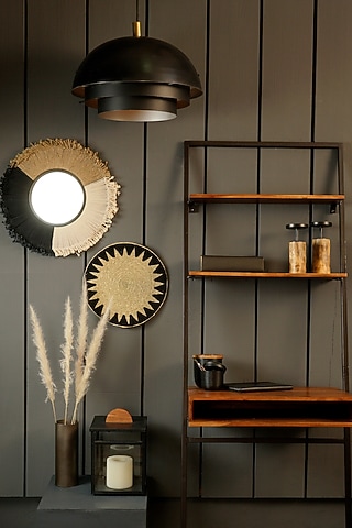 Beige & Black Jute Macrame Round Wall Mirror by The MJS Living