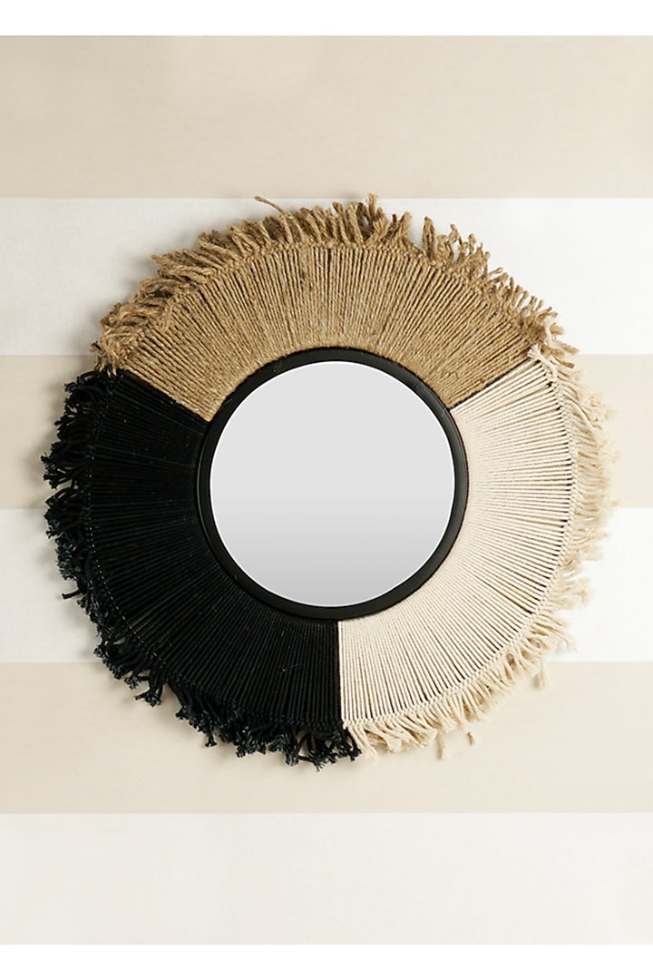 Beige & Black Jute Macrame Round Wall Mirror by The MJS Living at Pernia's Pop Up Shop