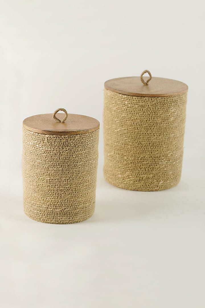 Beige Wooden & Jute Crochet Basket Set by The MJS Living at Pernia's Pop Up Shop