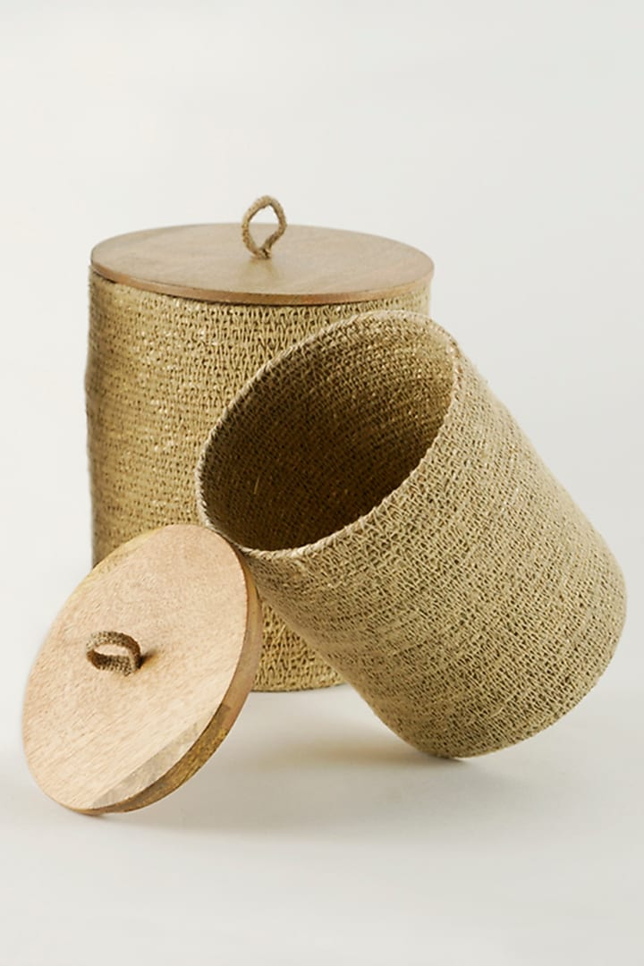 Beige Wooden & Jute Crochet Basket Set by The MJS Living at Pernia's Pop Up Shop