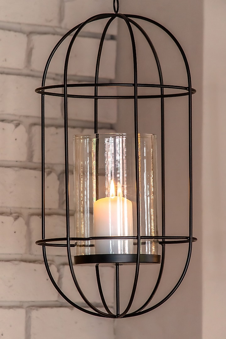 Black Iron & Glass Hanging Cage Lantern by The MJS Living