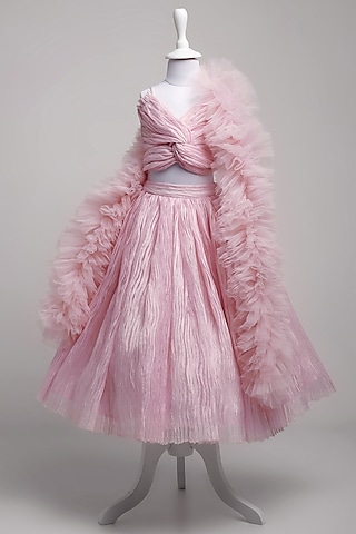 Pink Pleated Organza Textured Butterfly Lehenga Set For Girls by To My Niece