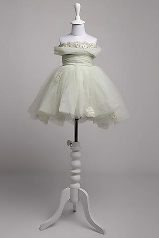 Green Net Embellished Dress For Girls by To My Niece