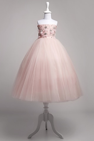Pink net Hand Embroidered Gown For Girls by To My Niece