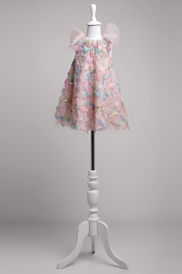 Pink Net Floral A-Line Dress For Girls by To My Niece at Pernia's Pop Up Shop