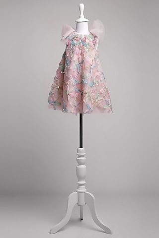 Pink Net Floral A-Line Dress For Girls by To My Niece