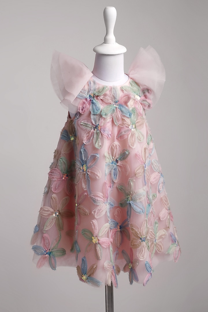 Pink Net Floral A-Line Dress For Girls by To My Niece at Pernia's Pop Up Shop
