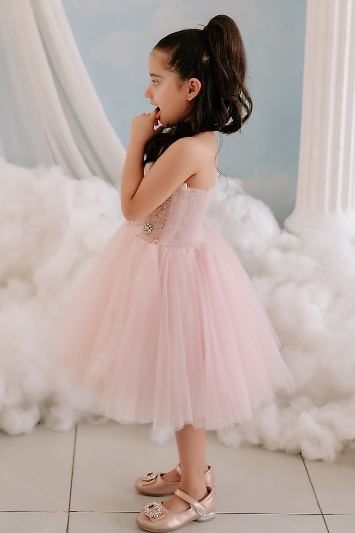 Pink Soft Net Hand Embroidered Tube Dress For Girls by To My Niece at Pernia's Pop Up Shop
