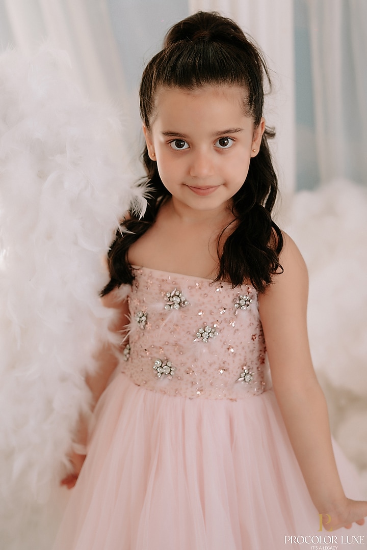 Pink Soft Net Hand Embroidered Tube Dress For Girls by To My Niece at Pernia's Pop Up Shop