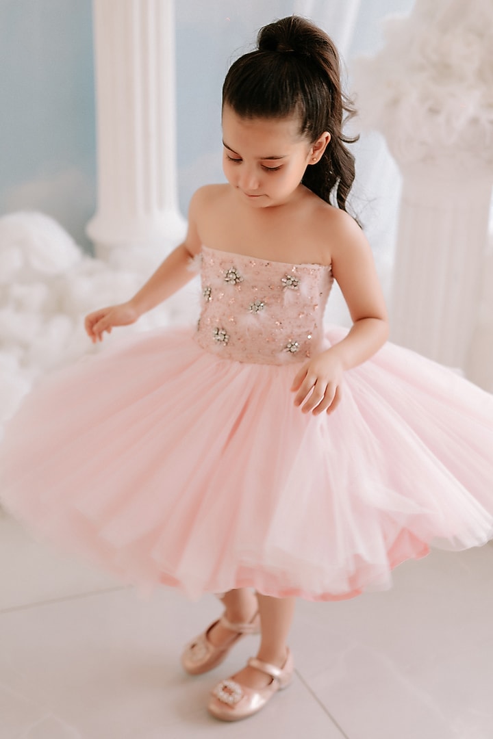 Pink Soft Net Hand Embroidered Tube Dress For Girls by To My Niece at Pernia's Pop Up Shop