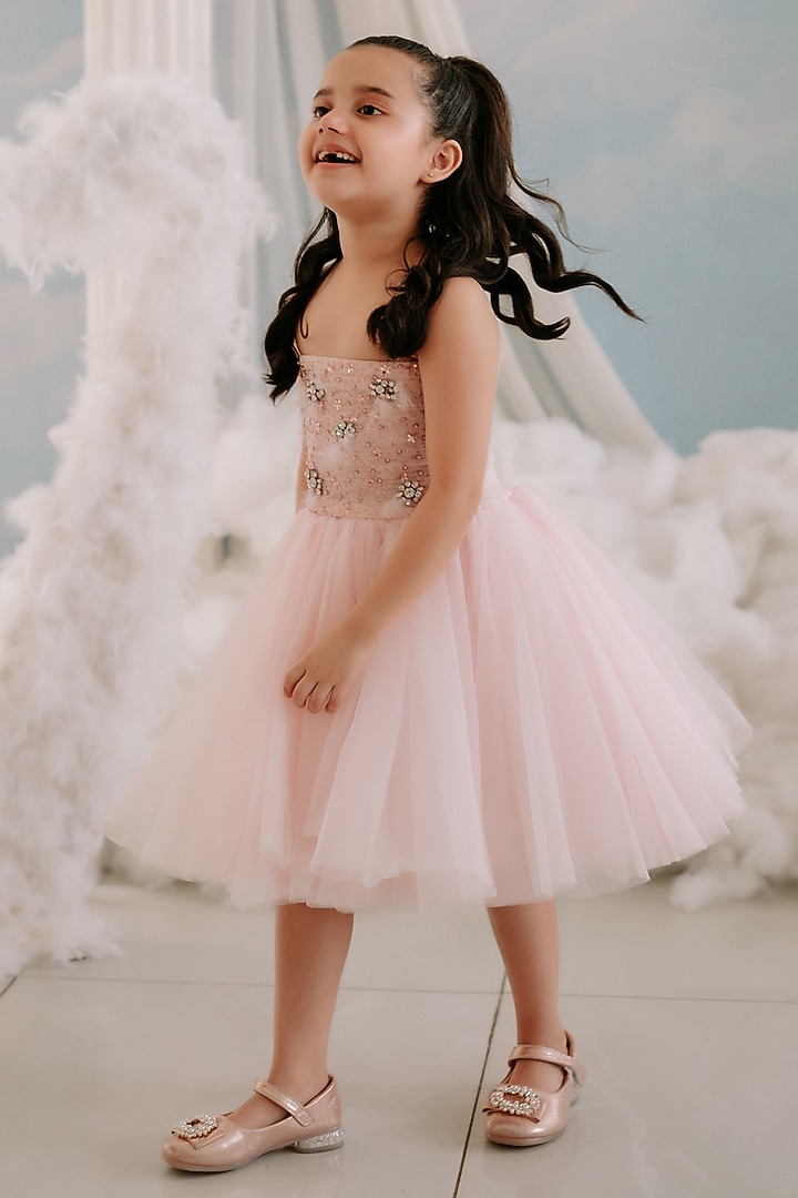Pink Soft Net Hand Embroidered Tube Dress For Girls by To My Niece at Pernia's Pop Up Shop