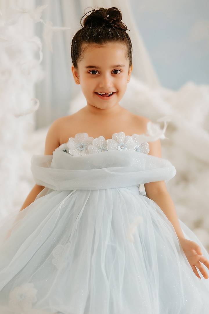 Blue Net Floral Hand Embroidered Off-Shoulder Midi Dress For Girls by To My Niece at Pernia's Pop Up Shop