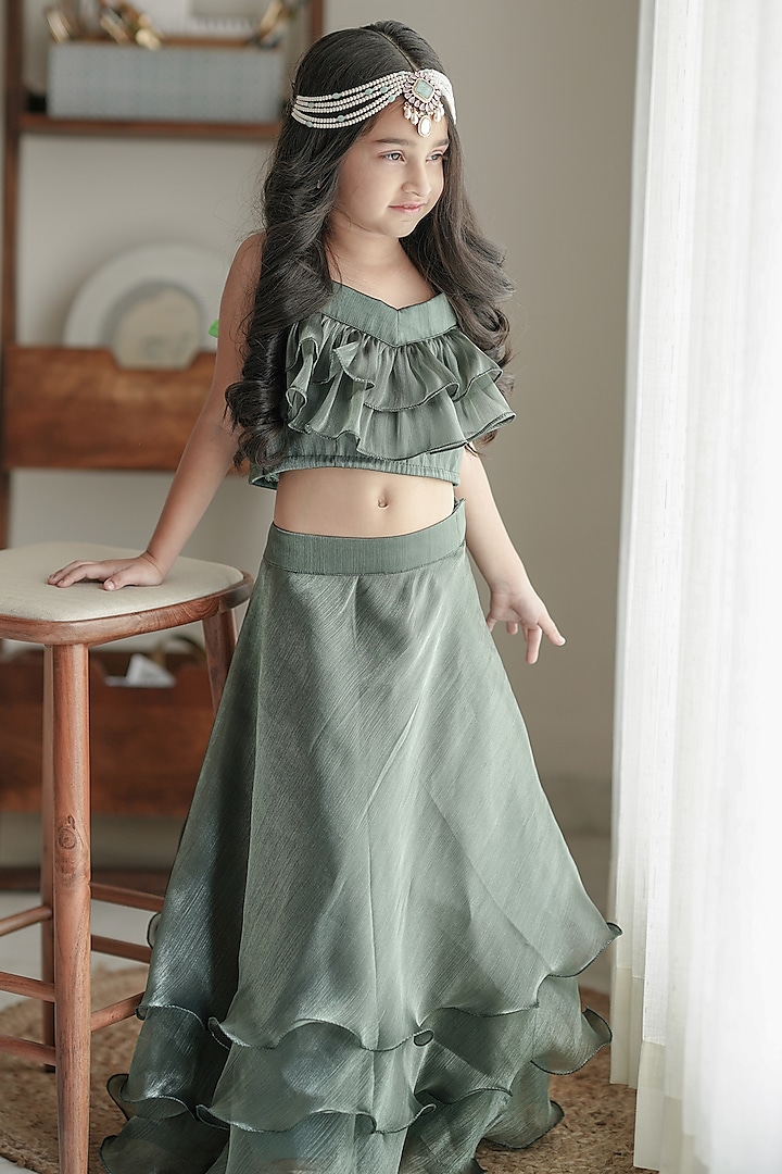 Teal Green Organza Tiered Lehenga Set For Girls by To My Niece
