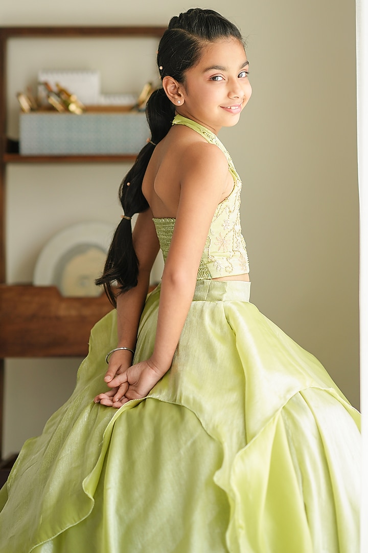 Lime Green Organza Ball Layered Skirt Set For Girls by To My Niece
