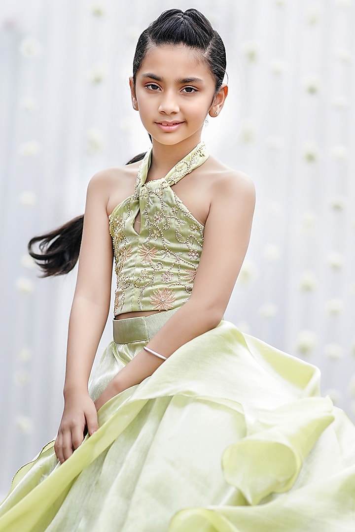 Lime Green Organza Ball Layered Skirt Set For Girls by To My Niece at Pernia's Pop Up Shop