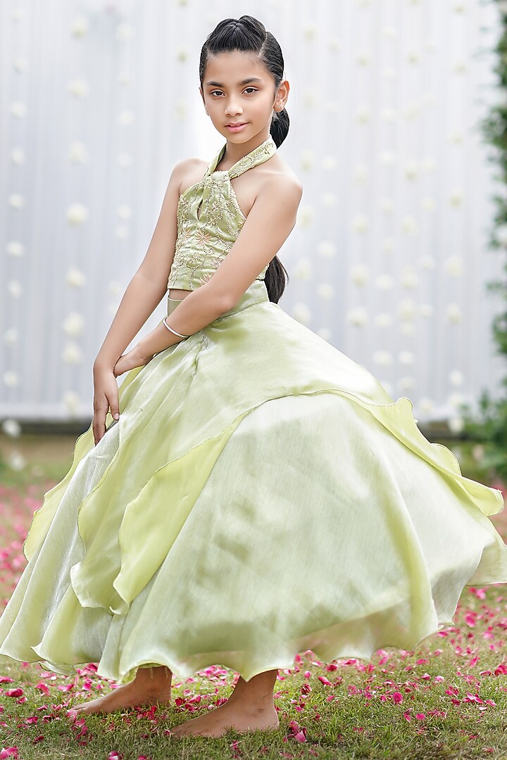 Lime Green Organza Ball Layered Skirt Set For Girls by To My Niece at Pernia's Pop Up Shop