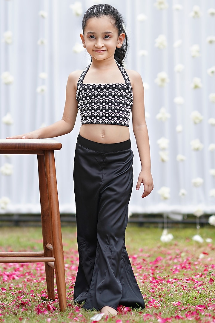 Black Satin Pant Set For Girls by To My Niece