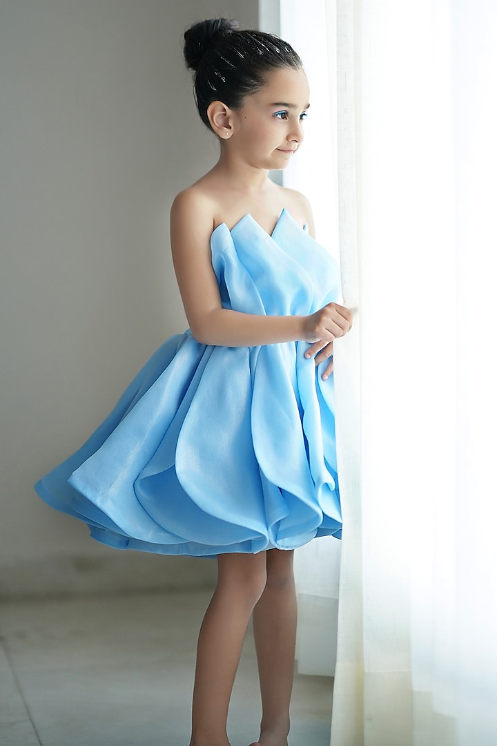 Peach & Blue Tissue Petal Embroidered Tulip Dress For Girls by To My Niece