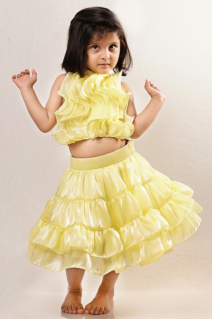 Yellow Organza Tiered Skirt Set For Girls by To My Niece