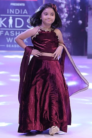 Maroon Velvet & Brocade Nakshi Hand Embroidered Lehenga Set for Girls by To My Niece
