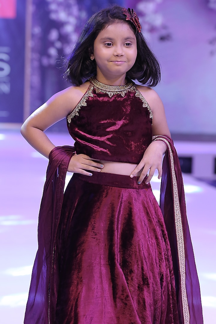 Maroon Velvet & Brocade Nakshi Hand Embroidered Lehenga Set for Girls by To My Niece at Pernia's Pop Up Shop