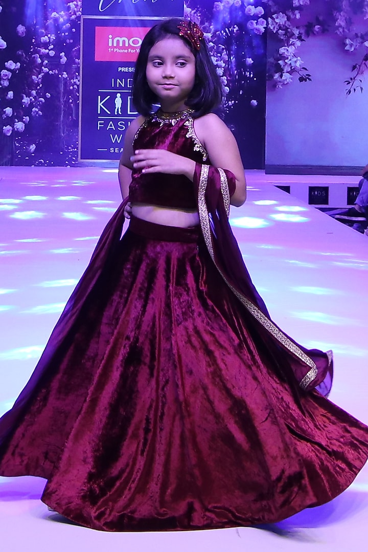 Maroon Velvet & Brocade Nakshi Hand Embroidered Lehenga Set for Girls by To My Niece at Pernia's Pop Up Shop