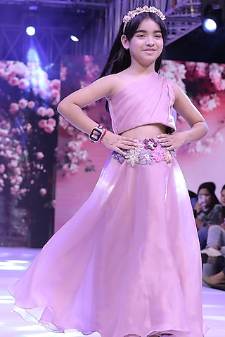 Blush Pink Tissue Organza Floral Hand Embroidered Lehenga Set by To My Niece