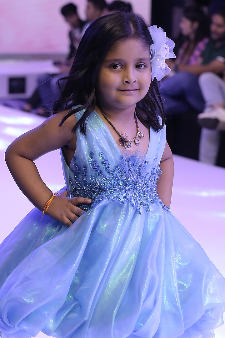 Blue Tissue Hand Embroidered Balloon Dress For Girls by To My Niece at Pernia's Pop Up Shop