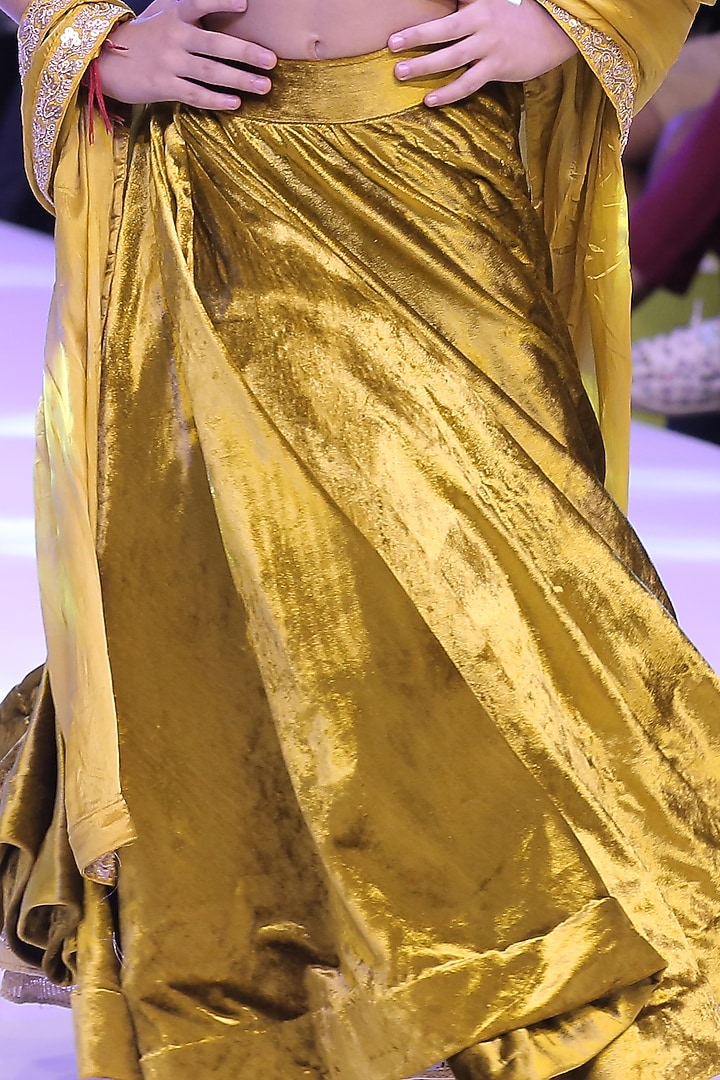 Golden Velvet Nakshi Hand Embroidered Lehenga Set For Girls by To My Niece at Pernia's Pop Up Shop