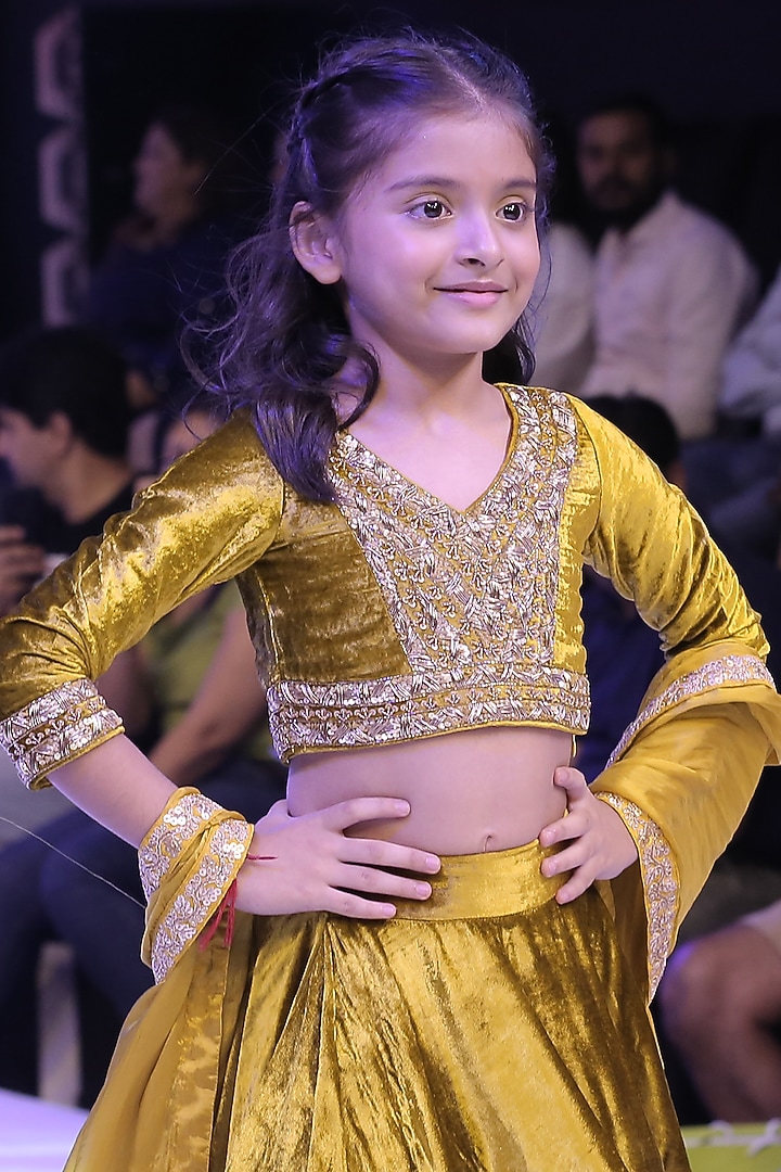 Golden Velvet Nakshi Hand Embroidered Lehenga Set For Girls by To My Niece at Pernia's Pop Up Shop