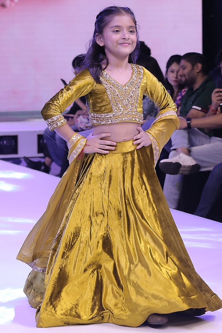 Golden Velvet Nakshi Hand Embroidered Lehenga Set For Girls by To My Niece at Pernia's Pop Up Shop