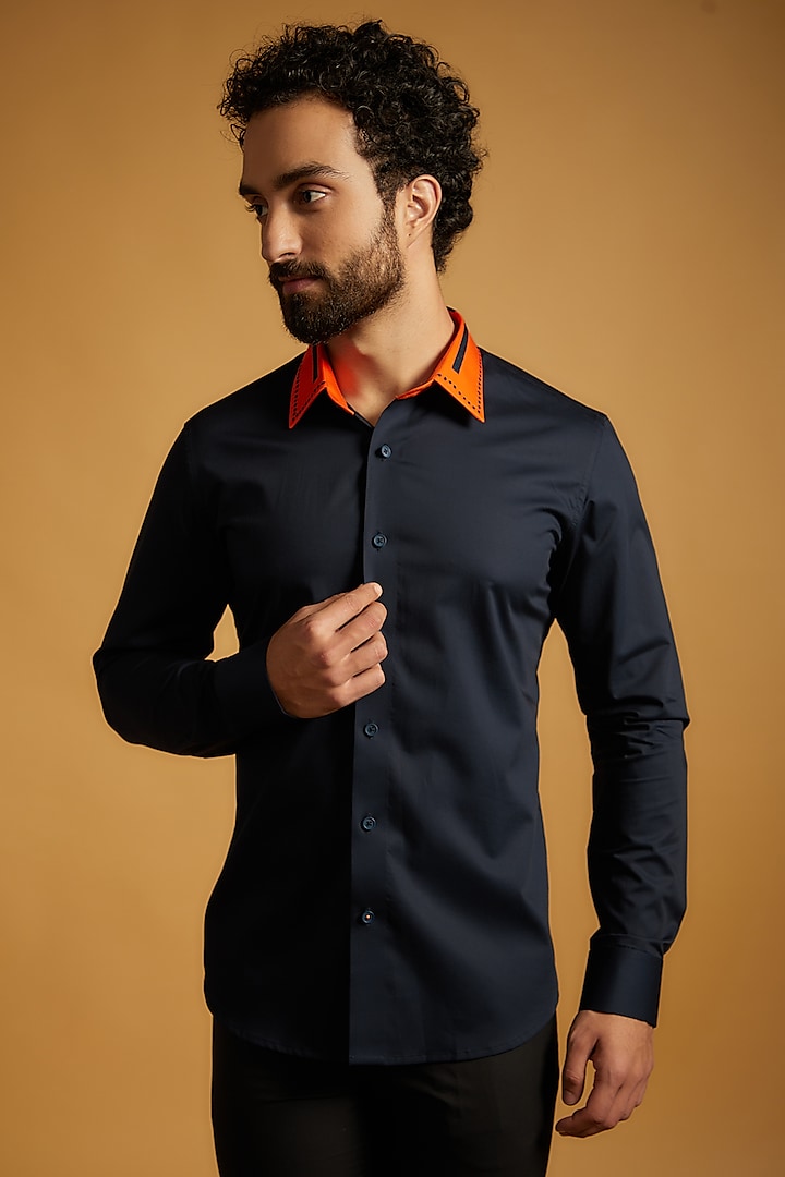 Navy Blue Giza Cotton Shirt by The Man Project