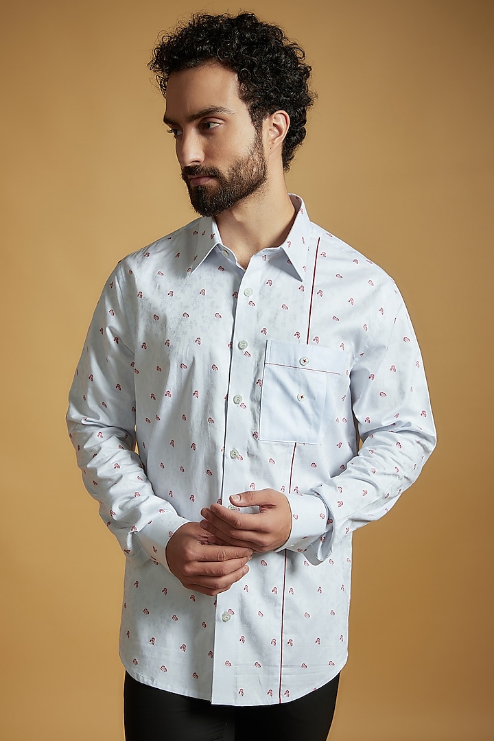 Sky Blue Giza Cotton Motif Printed Shirt by The Man Project at Pernia's Pop Up Shop