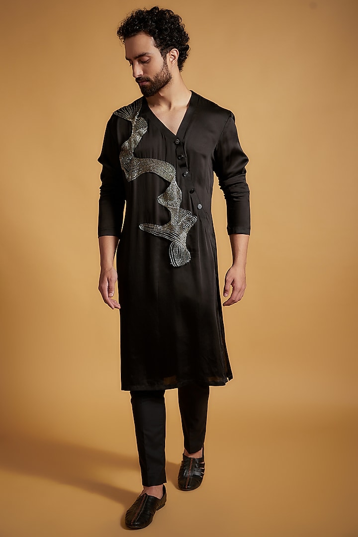 Black Linen & Silk Cutwork Embroidered Kurta Set by The Man Project