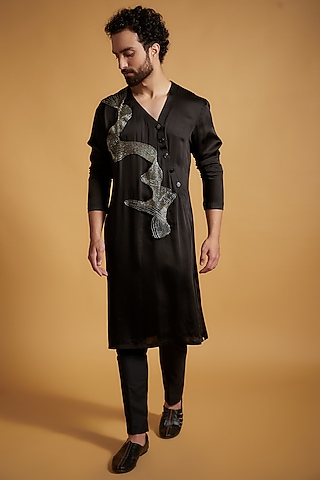 Black Linen & Silk Cutwork Embroidered Kurta Set by The Man Project