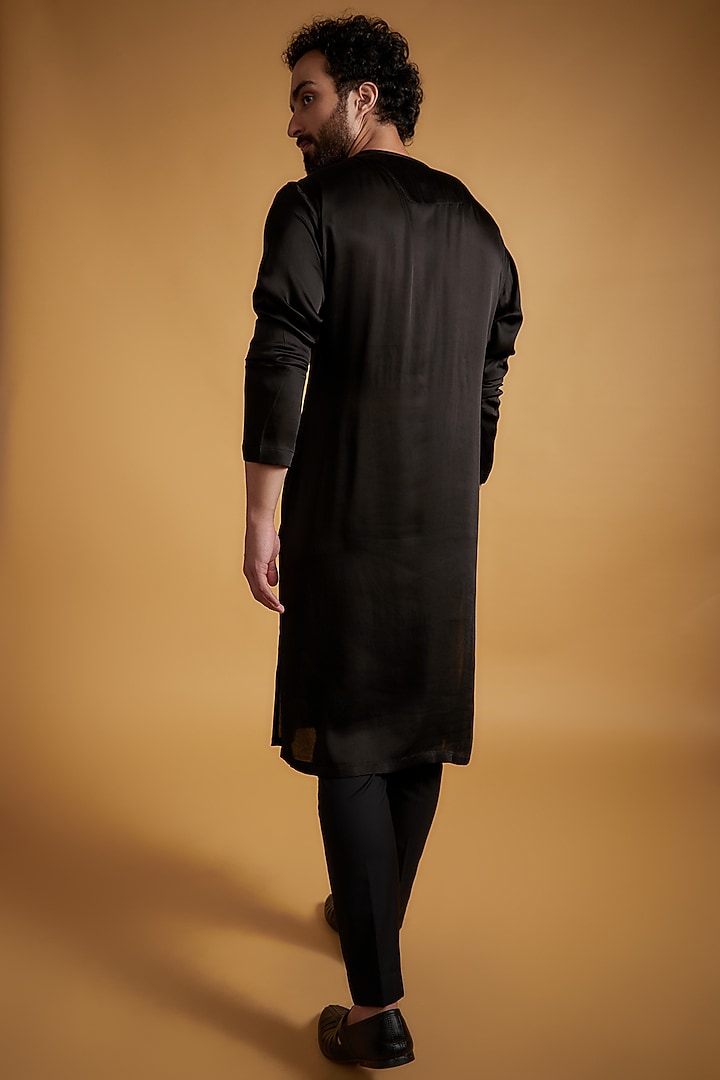 Black Linen & Silk Cutwork Embroidered Kurta Set by The Man Project at Pernia's Pop Up Shop