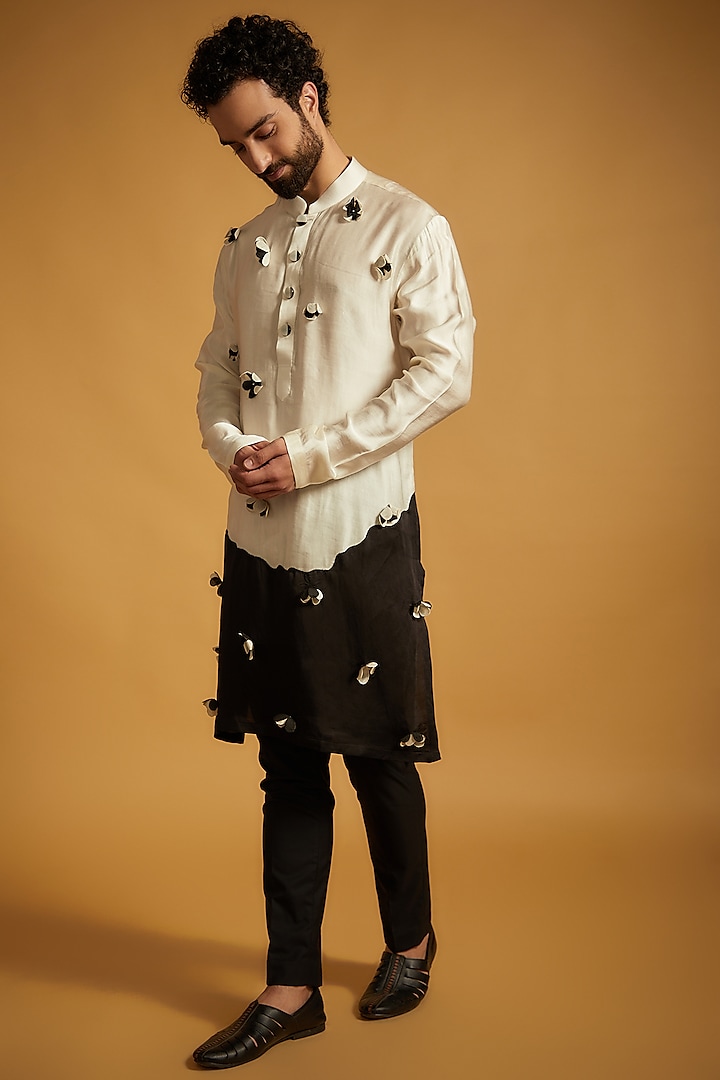 White & Black Silk Floral Embroidered Kurta Set by The Man Project
