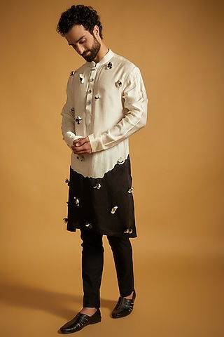 White & Black Silk Floral Embroidered Kurta Set by The Man Project
