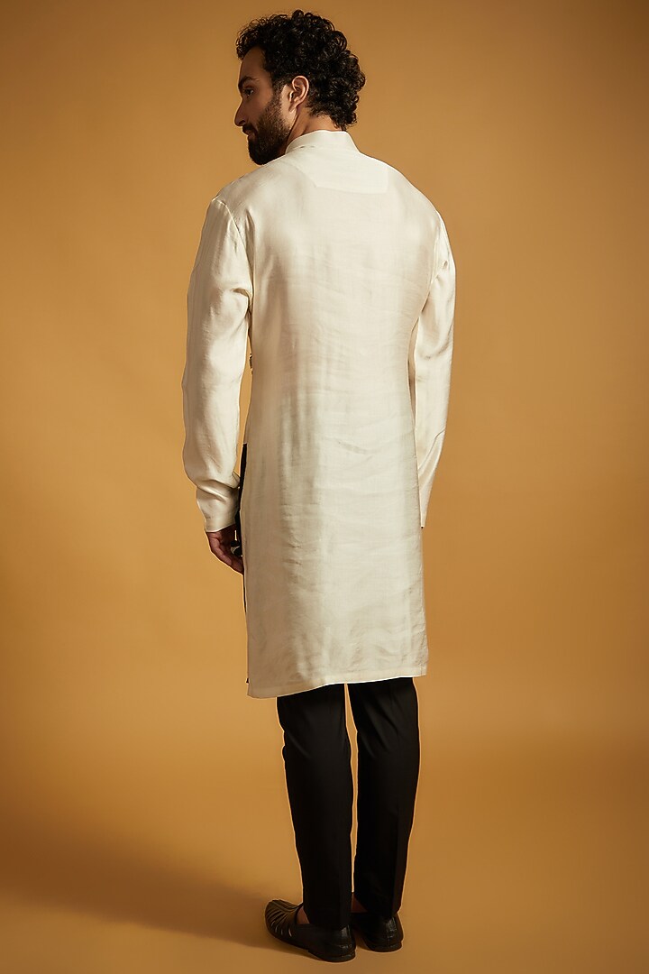 White & Black Silk Floral Embroidered Kurta Set by The Man Project at Pernia's Pop Up Shop