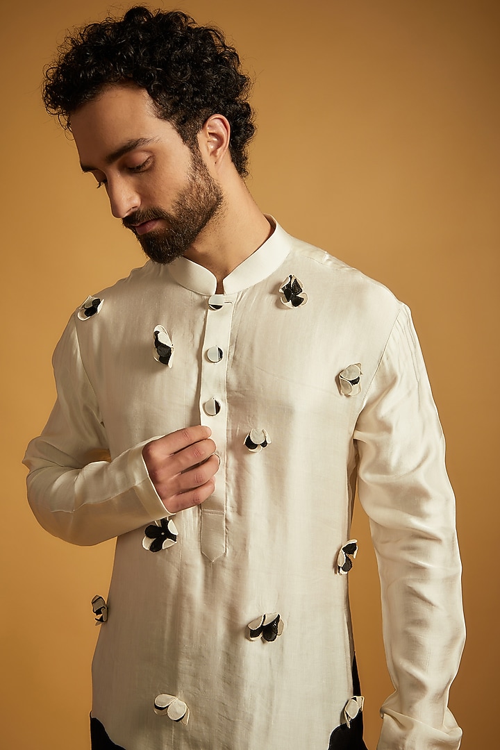 White & Black Silk Floral Embroidered Kurta Set by The Man Project at Pernia's Pop Up Shop