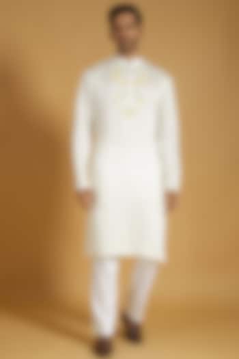 White Linen Silk Beads Embroidered Kurta Set by The Man Project