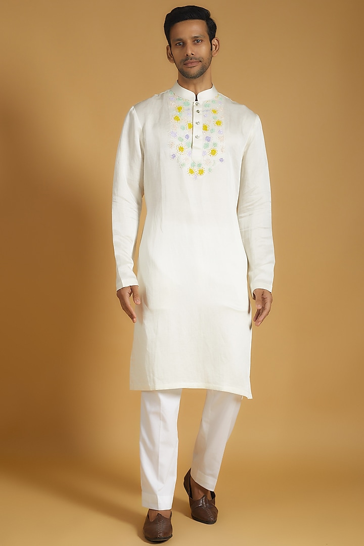 White Linen Silk Beads Embroidered Kurta Set by The Man Project