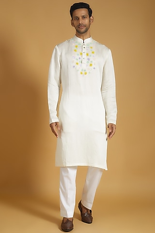 White Linen Silk Beads Embroidered Kurta Set by The Man Project