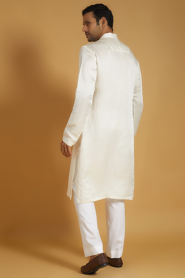 White Linen Silk Beads Embroidered Kurta Set by The Man Project at Pernia's Pop Up Shop
