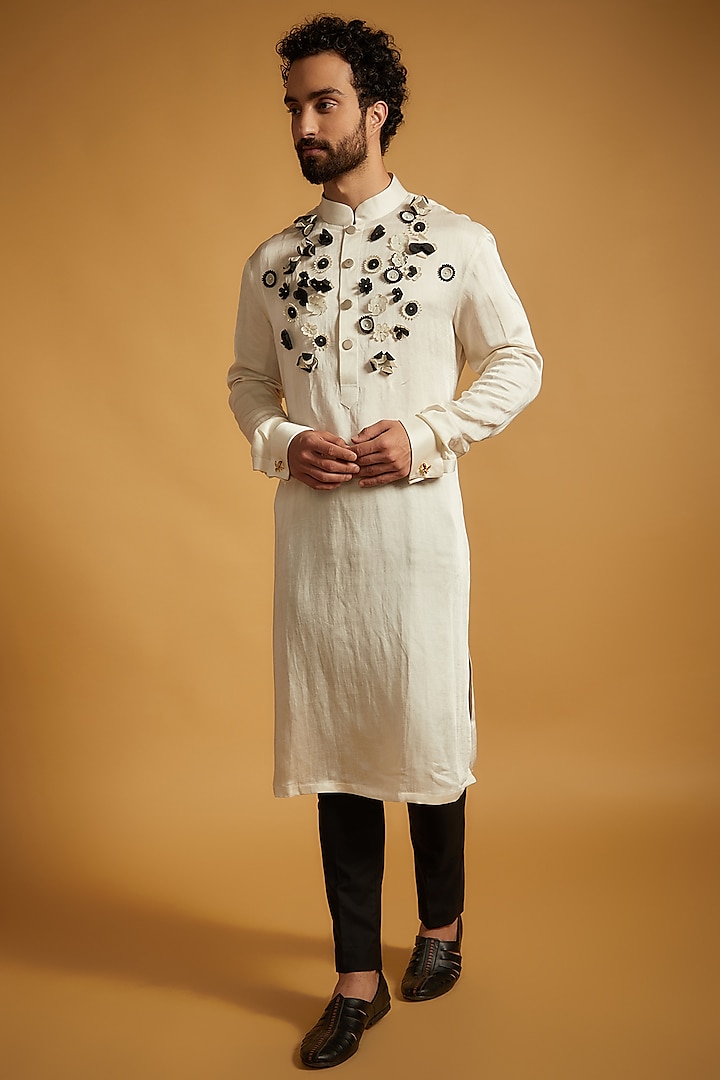 White Linen & Silk Floral Embroidered Kurta Set by The Man Project