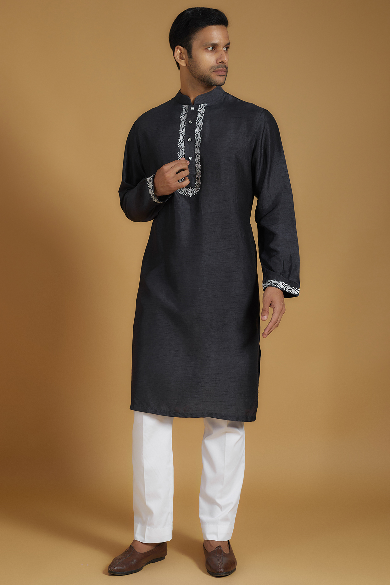Dark Grey Dupion Silk Machine Embroidered Kurta Set by The Man Project