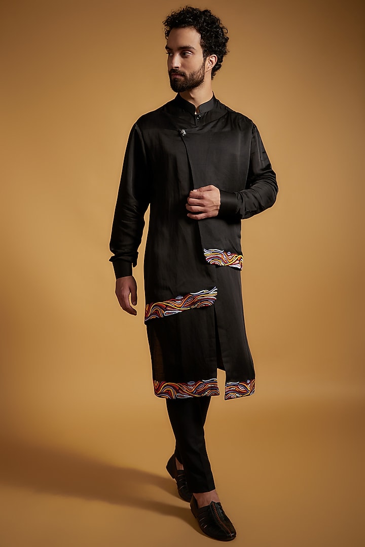 Black Linen Silk Thread Embroidered Layered Kurta Set by The Man Project