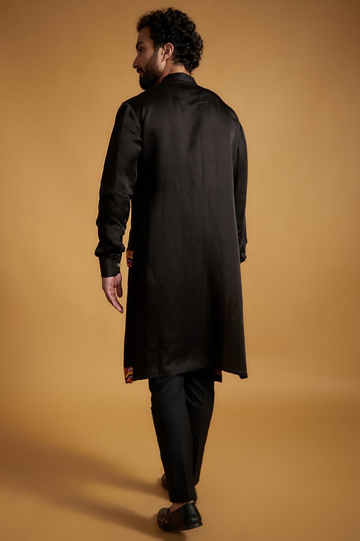 Black Linen Silk Thread Embroidered Layered Kurta Set by The Man Project at Pernia's Pop Up Shop
