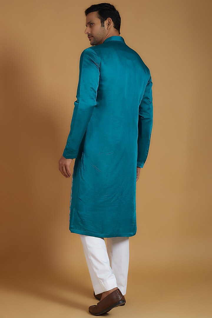 Blue Linen Silk Snake Printed Kurta Set by The Man Project at Pernia's Pop Up Shop
